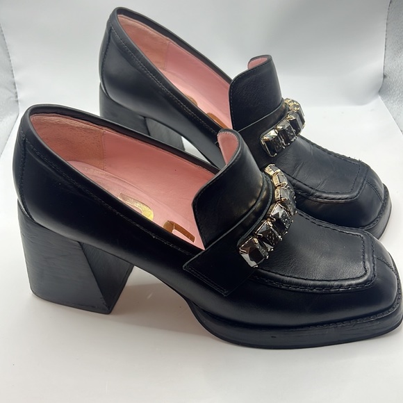 RAS black chunky heel leather loafer square toe/heel w/jewel detail SZ 39 US 9 - Picture 3 of 13